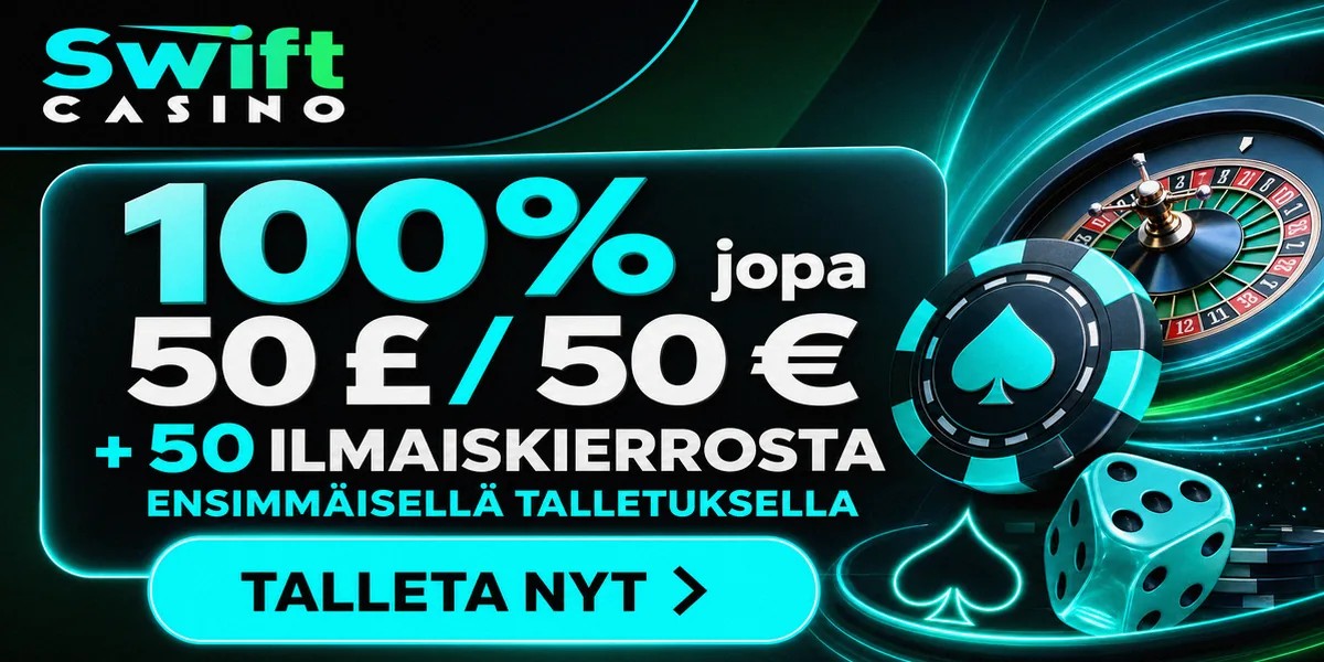 Welcome bonus promotion banner for Swift Casino online casino, localized for FI.